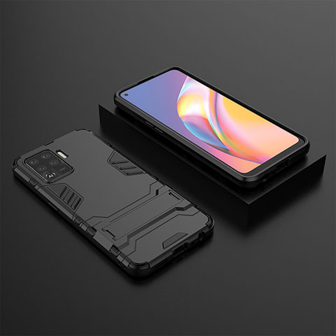 Funda Bumper Silicona y Plastico Mate Carcasa con Soporte T02 para Oppo Reno5 F Negro