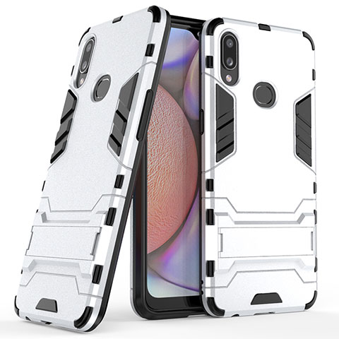 Funda Bumper Silicona y Plastico Mate Carcasa con Soporte T02 para Samsung Galaxy A10s Plata