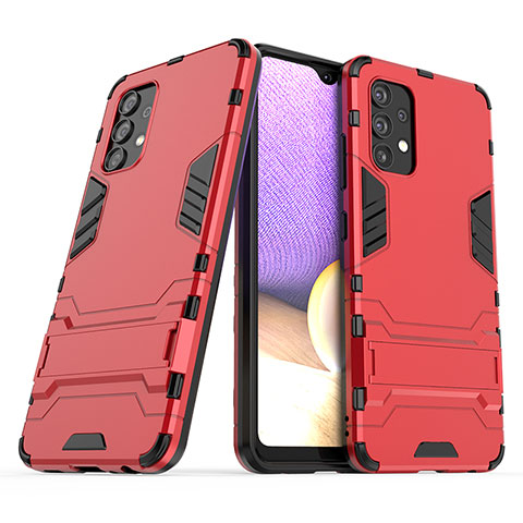 Funda Bumper Silicona y Plastico Mate Carcasa con Soporte T02 para Samsung Galaxy A32 4G Rojo