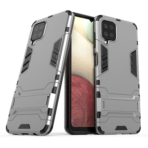 Funda Bumper Silicona y Plastico Mate Carcasa con Soporte T02 para Samsung Galaxy F12 Gris