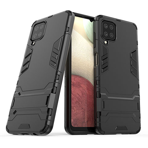 Funda Bumper Silicona y Plastico Mate Carcasa con Soporte T02 para Samsung Galaxy F12 Negro