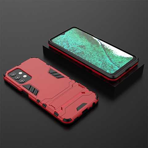 Funda Bumper Silicona y Plastico Mate Carcasa con Soporte T03 para Samsung Galaxy A32 5G Rojo