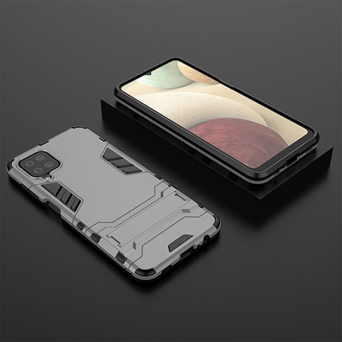 Funda Bumper Silicona y Plastico Mate Carcasa con Soporte T04 para Samsung Galaxy A12 5G Gris
