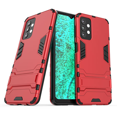 Funda Bumper Silicona y Plastico Mate Carcasa con Soporte T04 para Samsung Galaxy A32 5G Rojo