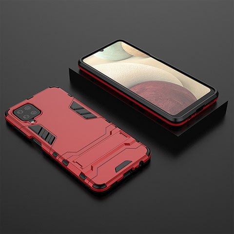 Funda Bumper Silicona y Plastico Mate Carcasa con Soporte T04 para Samsung Galaxy F12 Rojo