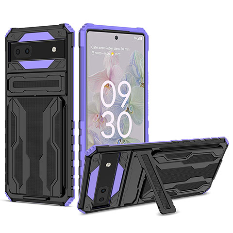 Funda Bumper Silicona y Plastico Mate Carcasa con Soporte YF1 para Google Pixel 6a 5G Morado