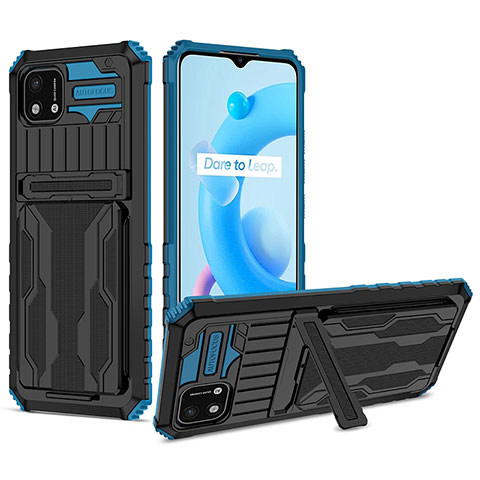 Funda Bumper Silicona y Plastico Mate Carcasa con Soporte YF1 para Realme C20A Azul