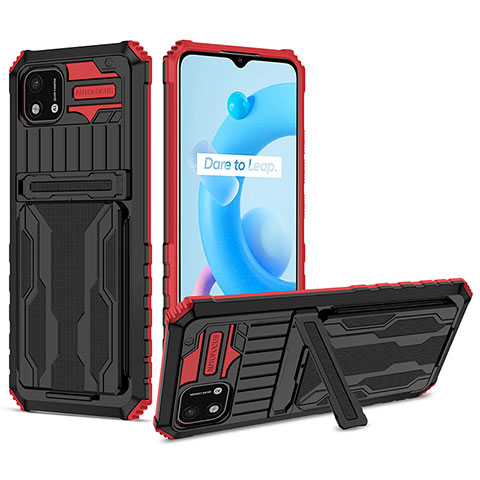 Funda Bumper Silicona y Plastico Mate Carcasa con Soporte YF1 para Realme C20A Rojo