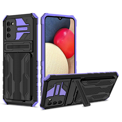 Funda Bumper Silicona y Plastico Mate Carcasa con Soporte YF1 para Samsung Galaxy A02s Morado