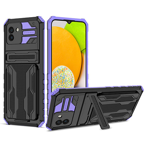 Funda Bumper Silicona y Plastico Mate Carcasa con Soporte YF1 para Samsung Galaxy A03 Morado