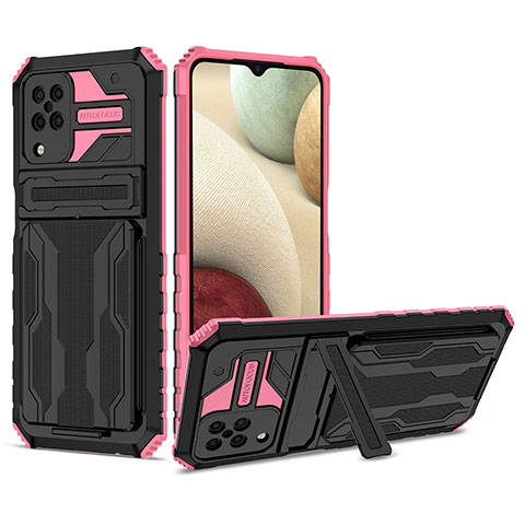 Funda Bumper Silicona y Plastico Mate Carcasa con Soporte YF1 para Samsung Galaxy A12 5G Oro Rosa