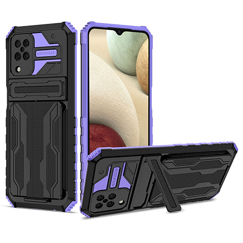 Funda Bumper Silicona y Plastico Mate Carcasa con Soporte YF1 para Samsung Galaxy A12 Morado