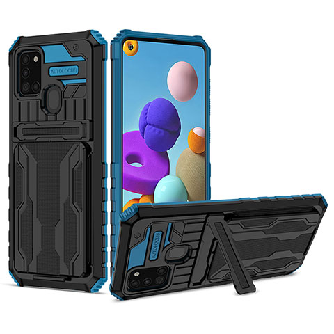 Funda Bumper Silicona y Plastico Mate Carcasa con Soporte YF1 para Samsung Galaxy A21s Azul