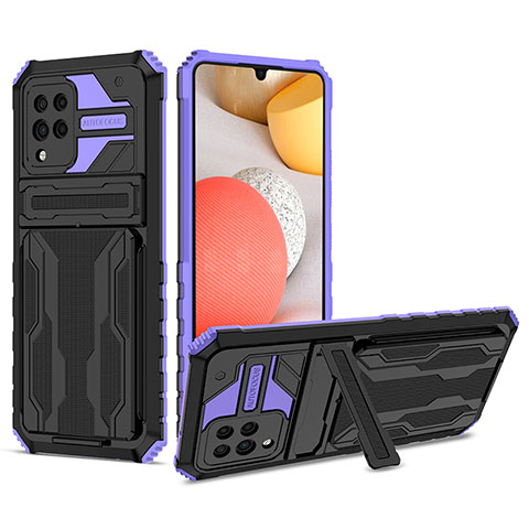 Funda Bumper Silicona y Plastico Mate Carcasa con Soporte YF1 para Samsung Galaxy A42 5G Morado