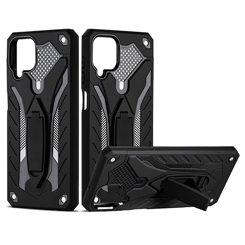 Funda Bumper Silicona y Plastico Mate Carcasa con Soporte YF2 para Samsung Galaxy F12 Negro