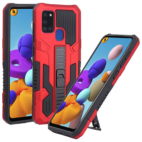 Funda Bumper Silicona y Plastico Mate Carcasa con Soporte ZJ1 para Samsung Galaxy A21s Rojo