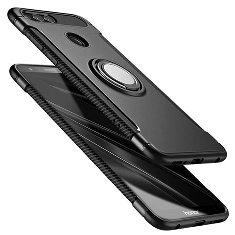 Funda Bumper Silicona y Plastico Mate con Anillo de dedo Soporte A01 para Huawei Honor 7X Negro