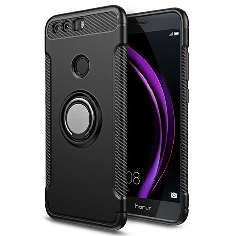 Funda Bumper Silicona y Plastico Mate con Anillo de dedo Soporte para Huawei Honor 8 Negro