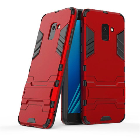 Funda Bumper Silicona y Plastico Mate con Soporte para Samsung Galaxy A8+ A8 Plus (2018) Duos A730F Rojo