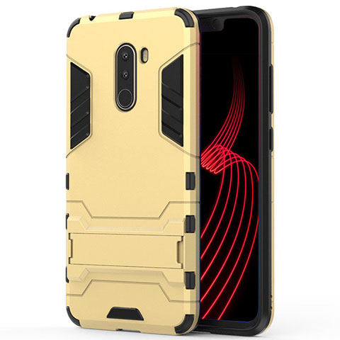 Funda Bumper Silicona y Plastico Mate con Soporte W01 para Xiaomi Pocophone F1 Oro