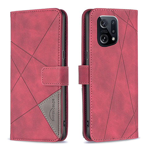 Funda de Cuero Cartera con Soporte Carcasa B08F para Oppo Find X5 5G Rojo