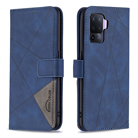 Funda de Cuero Cartera con Soporte Carcasa B08F para Oppo Reno5 F Azul