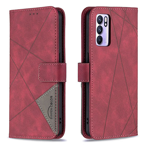 Funda de Cuero Cartera con Soporte Carcasa B08F para Oppo Reno6 5G Rojo