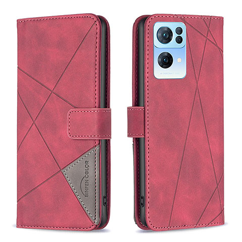 Funda de Cuero Cartera con Soporte Carcasa B08F para Oppo Reno7 Pro 5G Rojo