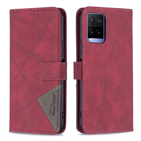 Funda de Cuero Cartera con Soporte Carcasa B08F para Vivo Y21a Rojo