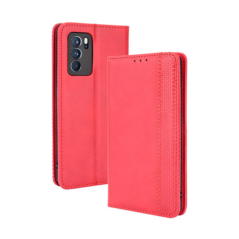 Funda de Cuero Cartera con Soporte Carcasa BY4 para Oppo Reno6 Pro 5G India Rojo