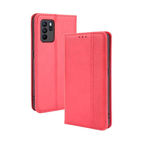 Funda de Cuero Cartera con Soporte Carcasa BY4 para Oppo Reno6 Z 5G Rojo