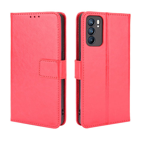 Funda de Cuero Cartera con Soporte Carcasa BY5 para Oppo Reno6 5G Rojo