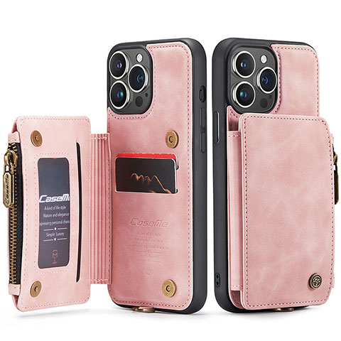 Funda de Cuero Cartera con Soporte Carcasa C03S para Apple iPhone 14 Pro Max Oro Rosa