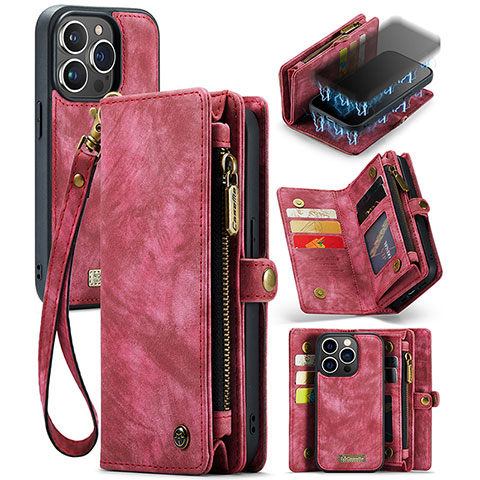 Funda de Cuero Cartera con Soporte Carcasa C07S para Apple iPhone 16 Pro Rojo