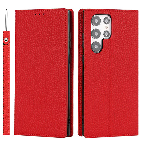 Funda de Cuero Cartera con Soporte Carcasa D01T para Samsung Galaxy S22 Ultra 5G Rojo