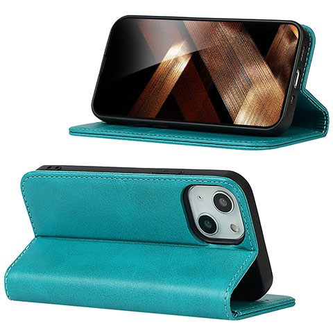 Funda de Cuero Cartera con Soporte Carcasa D05T para Apple iPhone 15 Cian