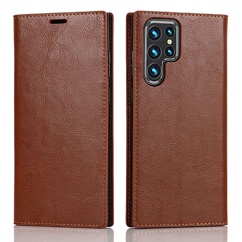 Funda de Cuero Cartera con Soporte Carcasa D07T para Samsung Galaxy S22 Ultra 5G Marron Claro