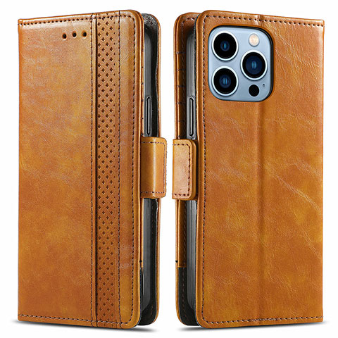 Funda de Cuero Cartera con Soporte Carcasa F03 para Apple iPhone 15 Pro Max Marron Claro