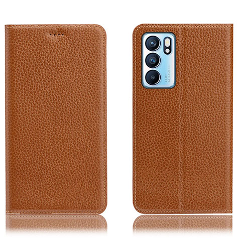 Funda de Cuero Cartera con Soporte Carcasa H02P para Oppo Reno6 5G Marron Claro