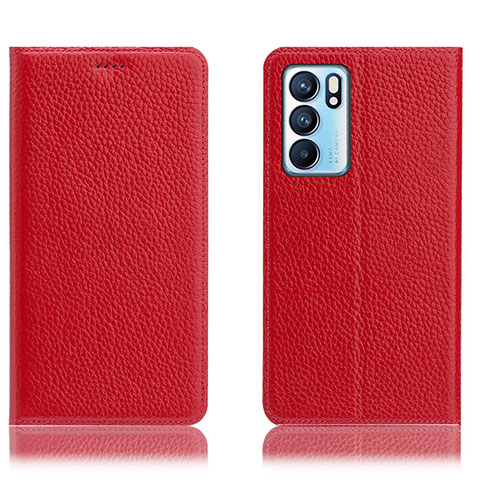 Funda de Cuero Cartera con Soporte Carcasa H02P para Oppo Reno6 5G Rojo