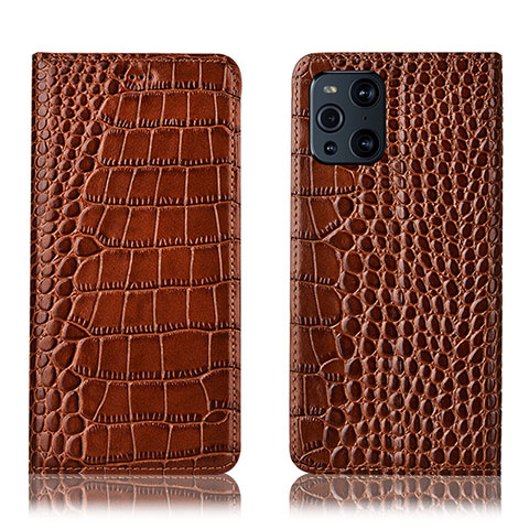 Funda de Cuero Cartera con Soporte Carcasa H08P para Oppo Find X3 5G Marron Claro