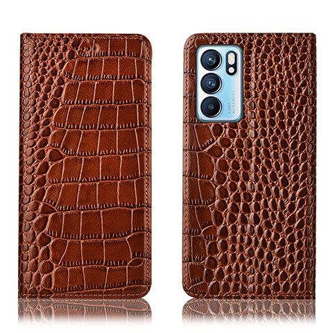 Funda de Cuero Cartera con Soporte Carcasa H08P para Oppo Reno6 5G Marron Claro