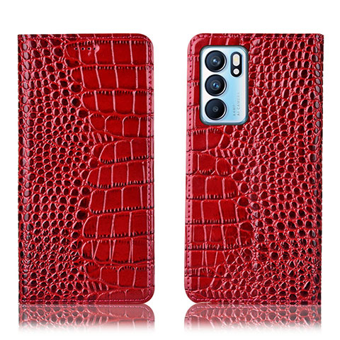 Funda de Cuero Cartera con Soporte Carcasa H08P para Oppo Reno6 5G Rojo