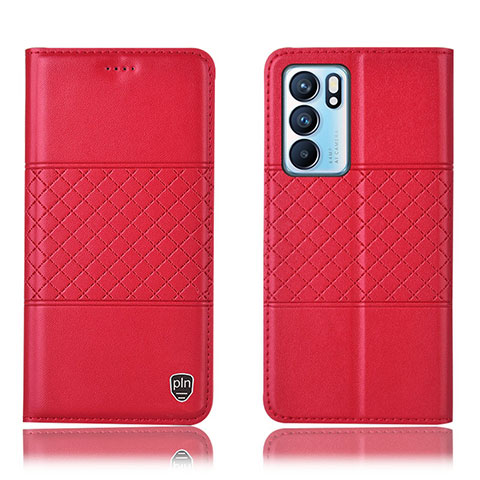 Funda de Cuero Cartera con Soporte Carcasa H11P para Oppo Reno6 5G Rojo