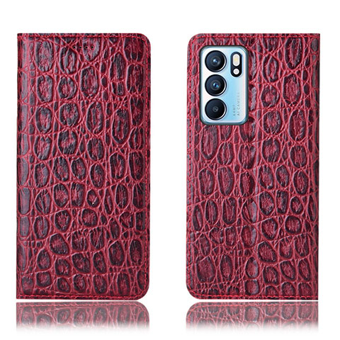 Funda de Cuero Cartera con Soporte Carcasa H16P para Oppo Reno6 5G Rojo