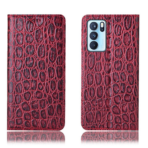 Funda de Cuero Cartera con Soporte Carcasa H16P para Oppo Reno6 Pro 5G India Rojo