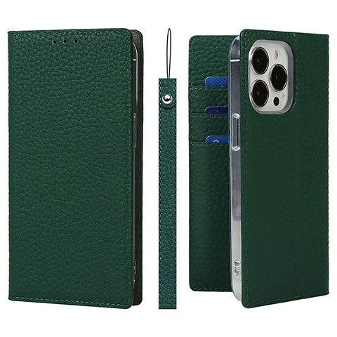 Funda de Cuero Cartera con Soporte Carcasa L09 para Apple iPhone 15 Pro Verde