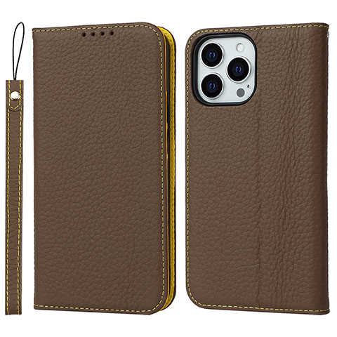 Funda de Cuero Cartera con Soporte Carcasa L10 para Apple iPhone 14 Pro Max Marron