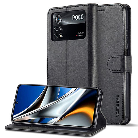 Funda de Cuero Cartera con Soporte Carcasa LC2 para Xiaomi Poco M4 Pro 4G Negro