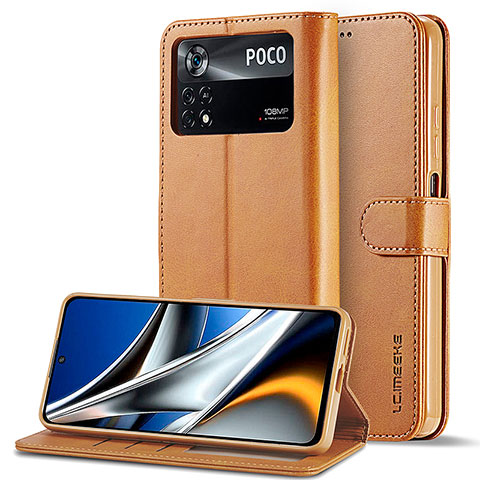 Funda de Cuero Cartera con Soporte Carcasa LC2 para Xiaomi Poco X4 Pro 5G Marron Claro